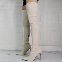 Suede Women Boots Pale Beige Pointed Toe Ladies Shoes Custom Slim Fit Wide - Thumbnail 1