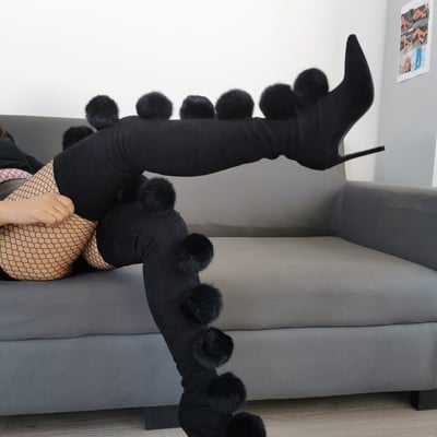 Women pom pom over the knee boots stretch suede boots sexy pointy toe slip on ladies high heel boots