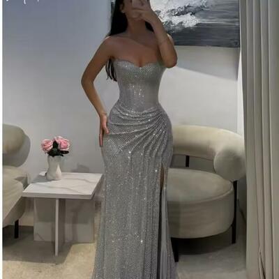 Strapless mermaid prom dresses 2025 sleeveless sequins evening dresses elegant side high split customized party dresses