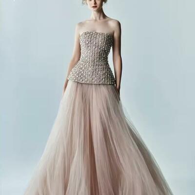 Strapless a-line prom dresses 2025 sleeveless tulle two-piece evening dresses floor-length diamond customized party dresses