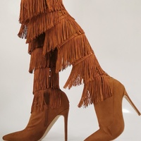 Fashion Multi-layered Fringe Over The Knee Boots Brown Suede Stretch Fabric Pointed Toe Zipper Winter Tall Boots - Thumbnail 3