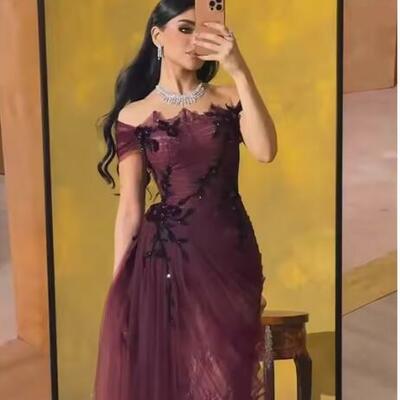 Red off the shoulder a-line party dresses tulle lace embroidery prom dresses floor-length evening dresses customized 