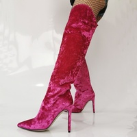 Velvet Knee High Boots - Pink - Thumbnail 1
