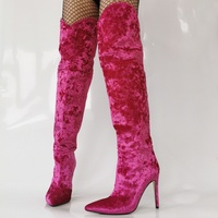 Velvet Knee High Boots - Pink - Thumbnail 2