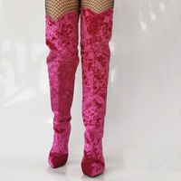 Velvet Knee High Boots - Pink - Thumbnail 3