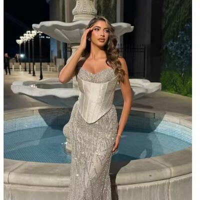 Strapless customized gray evening dresses sleeveless back lace-up prom dress 2025 floor-length wedding party formal gowns