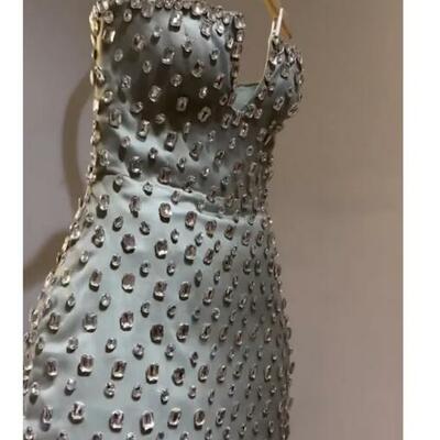 Strapless mini satin party dresses crystal sexy evening dresses spaghetti strap homecoming customized prom dresses 