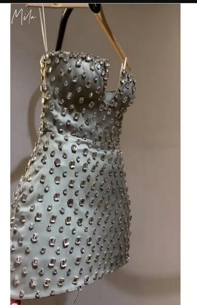 Strapless Mini Satin Party Dresses Crystal Sexy Evening Dresses Spaghetti Strap Homecoming Customized Prom Dresses 