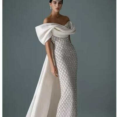 White off shoulder prom dress mermaid short sleeves customized luxurious women evening dresses shawl