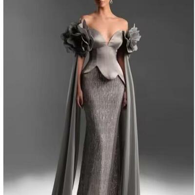 Off shoulder customized gray evening dresses chic mermaid prom dress 2025 glitter floor-length wedding party formal gowns