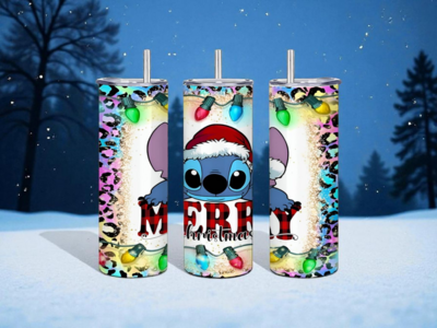 Stitch Merry Christmas Skinny Tumbler | Disney Lilo & Stitch Holiday Mug | Leopard Print Christmas Lights Tumbler | Free Ship