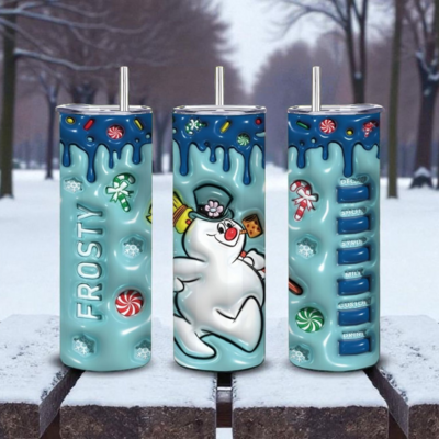 Frosty snowman tumbler 20oz - 3d inflated design with dripping icing andy cane  | free ship