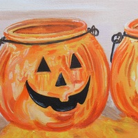 Jack-o'-lantern Jars, Original acrylic painting by N.E.Thompson, Artwork size 8x10 inches - Thumbnail 1