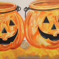 Jack-o'-lantern Jars, Original acrylic painting by N.E.Thompson, Artwork size 8x10 inches - Thumbnail 2