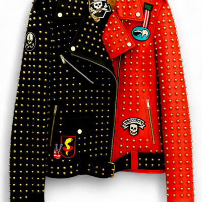 Crafted leather new classic punk style red/black studded leather jacket - Thumbnail 1