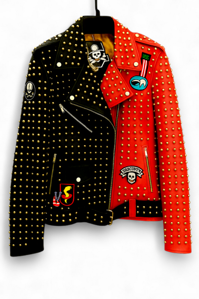 Crafted Leather New Classic Punk Style Red/Black Studded Leather Jacket