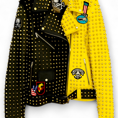 Crafted leather new classic punk style yellow/black studded leather jacket