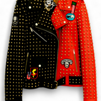 Crafted Leather New Classic Punk Style Red/Black Studded Leather Jacket - Thumbnail 1