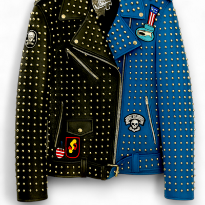 Crafted leather new classic punk style blue/black studded leather jacket