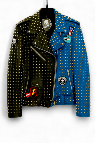 Crafted Leather New Classic Punk Style Blue/Black Studded Leather Jacket