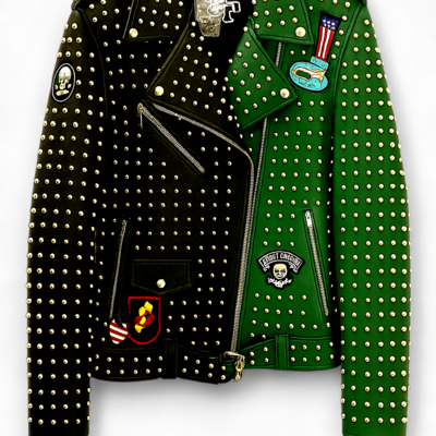 Crafted leather new classic punk style green/black studded leather jacket
