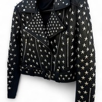 Crafted Leather Women Studded Black Leather Jacket Silver Star Punk Brando Style - Thumbnail 1