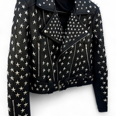 Crafted leather women studded black leather jacket silver star punk brando style