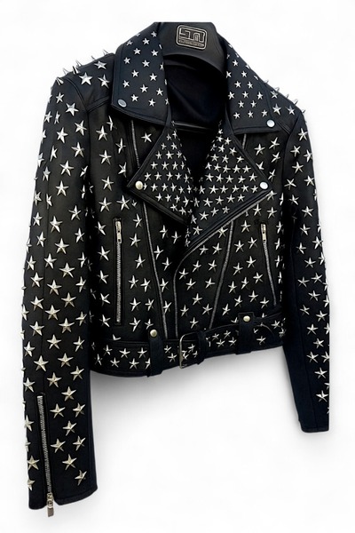 Crafted Leather Women Studded Black Leather Jacket Silver Star Punk Brando Style
