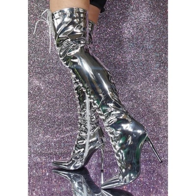Women's knee high boots with high heels silver thigh high boots party boots