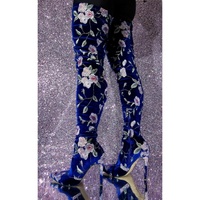 Super Women Over-the-Knee Boots Velvet Embroidered Heels Boots Blue Shoes Woman - Thumbnail 3