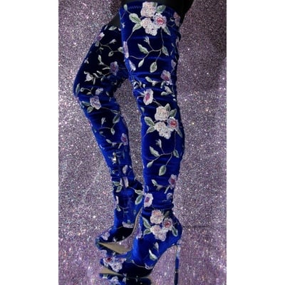 Super women over-the-knee boots velvet embroidered heels boots blue shoes woman
