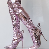Pink Metallic Leather Wing Boots Women Spring Shiny Pointy Toe Thigh High Heel Shoes Ladies Sexy Luxury Trends Patent Long Boots - Thumbnail 6