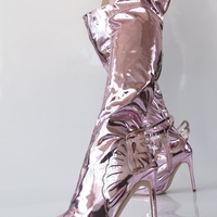 Pink Metallic Leather Wing Boots Women Spring Shiny Pointy Toe Thigh High Heel Shoes Ladies Sexy Luxury Trends Patent Long Boots - Thumbnail 7