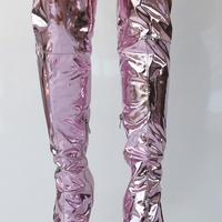 Pink Metallic Leather Wing Boots Women Spring Shiny Pointy Toe Thigh High Heel Shoes Ladies Sexy Luxury Trends Patent Long Boots - Thumbnail 8