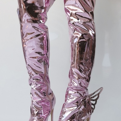 Pink metallic leather wing boots women spring shiny pointy toe thigh high heel shoes ladies sexy luxury trends patent long boots
