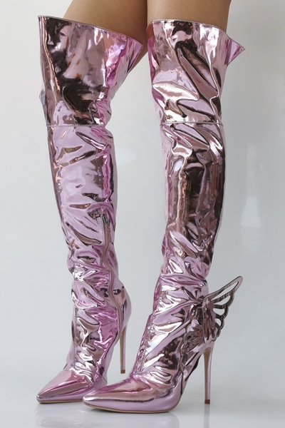 Pink Metallic Leather Wing Boots Women Spring Shiny Pointy Toe Thigh High Heel Shoes Ladies Sexy Luxury Trends Patent Long Boots