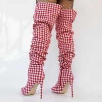 Sexy Mixed Color Red Plaid Women Long Boots Pointed Toe Thin Heel Over-The-Knee Trouser Boots Ladies Dress Shoes - Thumbnail 2