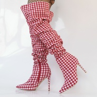 Sexy Mixed Color Red Plaid Women Long Boots Pointed Toe Thin Heel Over-The-Knee Trouser Boots Ladies Dress Shoes - Thumbnail 1