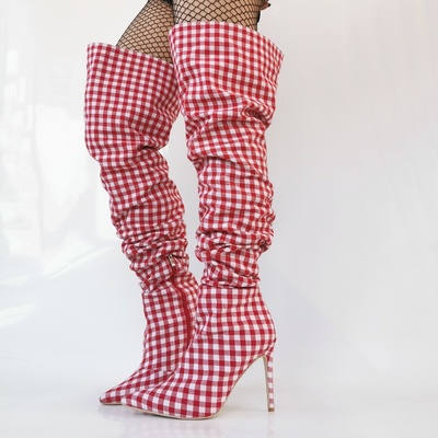 Sexy Mixed Color Red Plaid Women Long Boots Pointed Toe Thin Heel Over-The-Knee Trouser Boots Ladies Dress Shoes