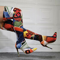 Sexy Elastic Graffiti Abstract Stiletto Over The Knee Boot, Fashion Stretchy New Thin Heel Above The Knee Style - Thumbnail 1
