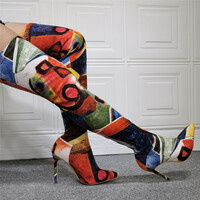 Sexy Elastic Graffiti Abstract Stiletto Over The Knee Boot, Fashion Stretchy New Thin Heel Above The Knee Style - Thumbnail 3