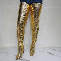 Punk Stiletto Over Knee Boots, Gold Python Snake Print Leather High Heels Thigh Style - Thumbnail 2