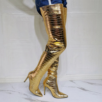Punk Stiletto Over Knee Boots, Gold Python Snake Print Leather High Heels Thigh Style - Thumbnail 3