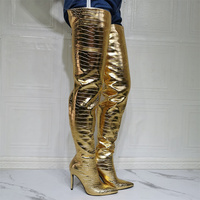 Punk Stiletto Over Knee Boots, Gold Python Snake Print Leather High Heels Thigh Style - Thumbnail 1