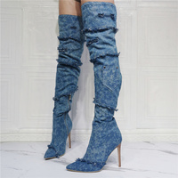 Sexy Vintage Denim Stiletto Over The Knee BootLarge Big Size Blue Pocket Cowboy Designer Thigh High Long Boots  - Thumbnail 4
