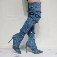 Sexy Vintage Denim Stiletto Over The Knee BootLarge Big Size Blue Pocket Cowboy Designer Thigh High Long Boots  - Thumbnail 5