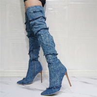 Sexy Vintage Denim Stiletto Over The Knee BootLarge Big Size Blue Pocket Cowboy Designer Thigh High Long Boots  - Thumbnail 2