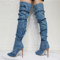 Sexy Vintage Denim Stiletto Over The Knee BootLarge Big Size Blue Pocket Cowboy Designer Thigh High Long Boots  - Thumbnail 6