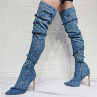 Sexy Vintage Denim Stiletto Over The Knee BootLarge Big Size Blue Pocket Cowboy Designer Thigh High Long Boots  - Thumbnail 3