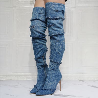 Sexy vintage denim stiletto over the knee bootlarge big size blue pocket cowboy designer thigh high long boots 
